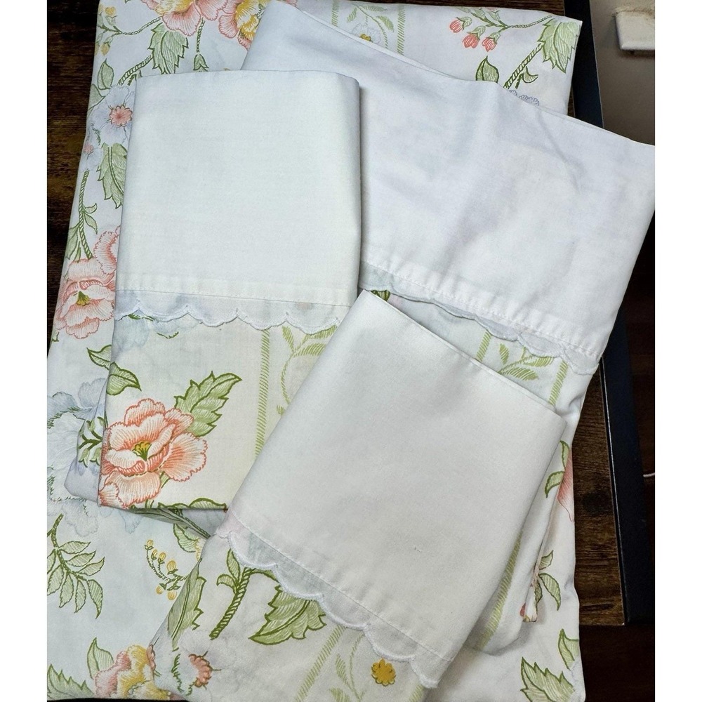 VTG FULL Luxury Percale Sheet Set 4pc 70s Floral Flowers Cottage Country Lace